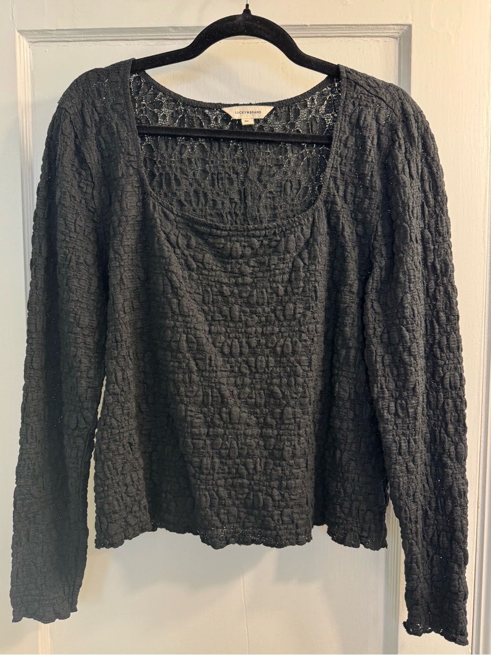 Lucky Brand Black Textured Knit Square Neck Long Sleeve Top